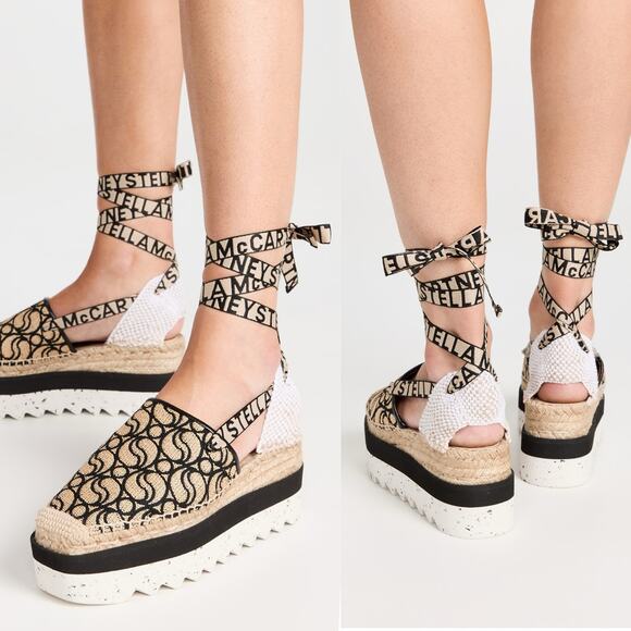 Stella McCartney Gaia Monogram Ribbon Ankle Wrap Espadrille Sandals EU 39 US 9 - Picture 1 of 16